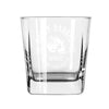 Clear glass tumbler with engraved Rusty Barrel Spirits logo on a white background