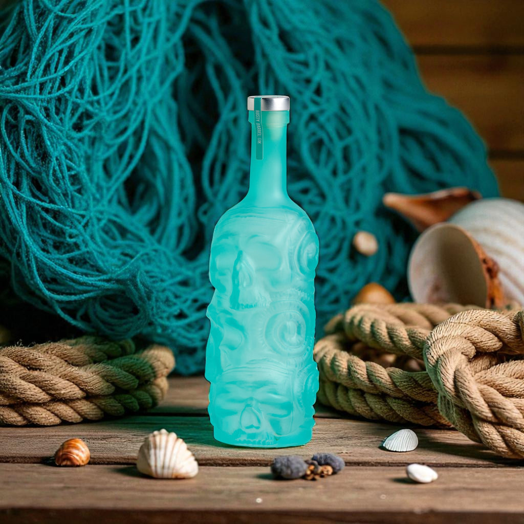 Blue rusty barrel spirits gin bottle with silver cap on a wooden surface with fishing net and ropes in the background