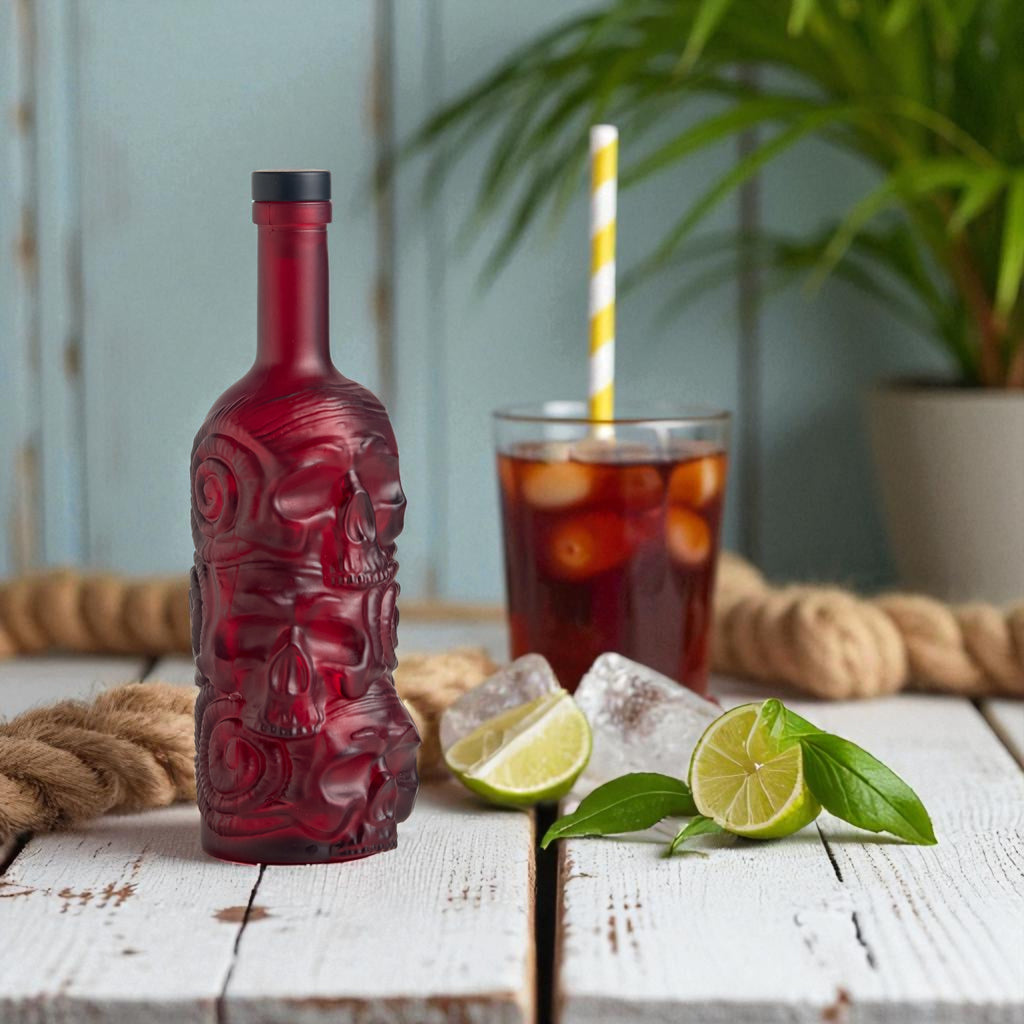 Rusty Barrel skull-shaped bottle with a Spiced Rum & Cola drink and lime slices on a wooden surface