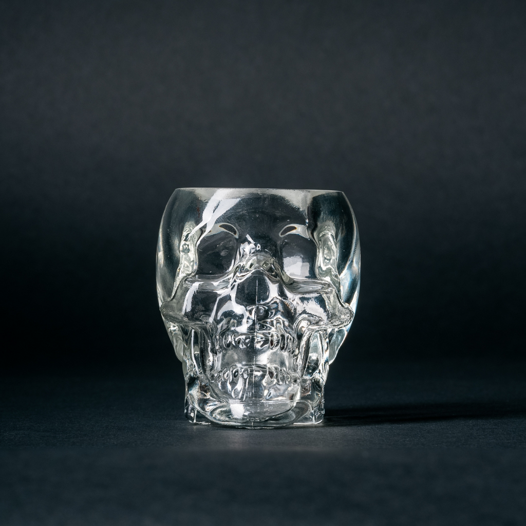 A clear shot glass shaped like a skull, placed against a dark background.