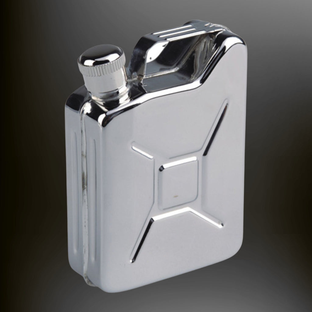 Chrome flask with star design on a dark background