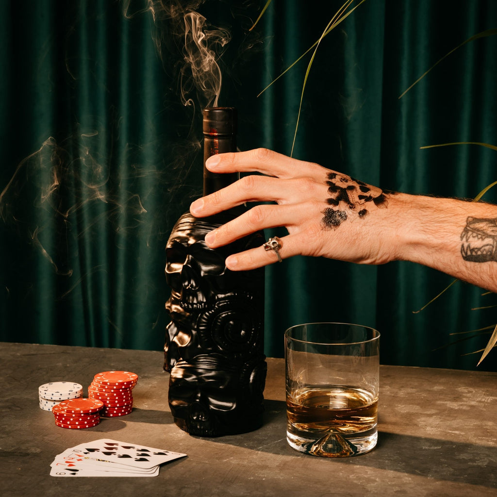 Hand with tattoos reaching for a skull-shaped bottle of Rusty Barrel Caribbean Gold Rum with smoke, glass of liquid, and playing cards on a dark surface.