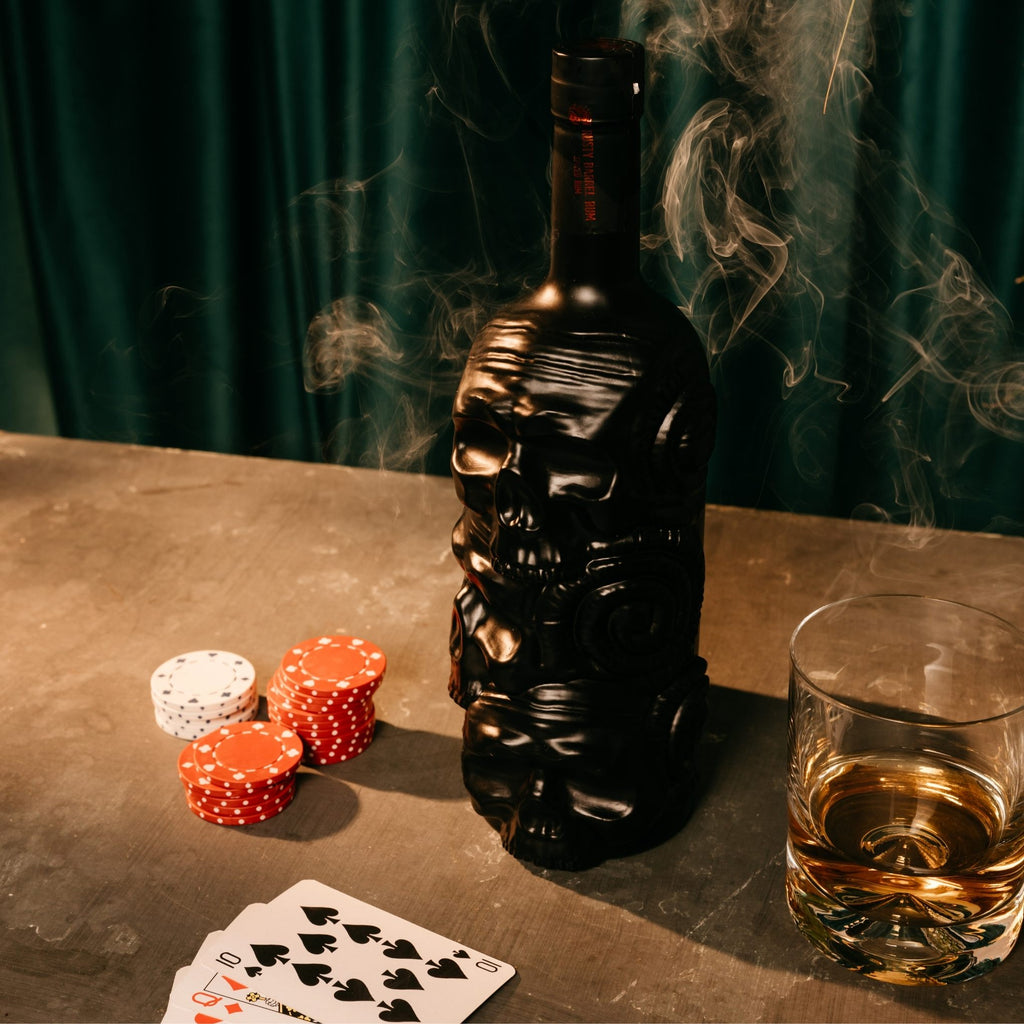 Skull-shaped bottle of Rusty Barrel Caribbean Gold Rum with smoking effect, poker chips, playing cards, and a glass of whiskey on a table.