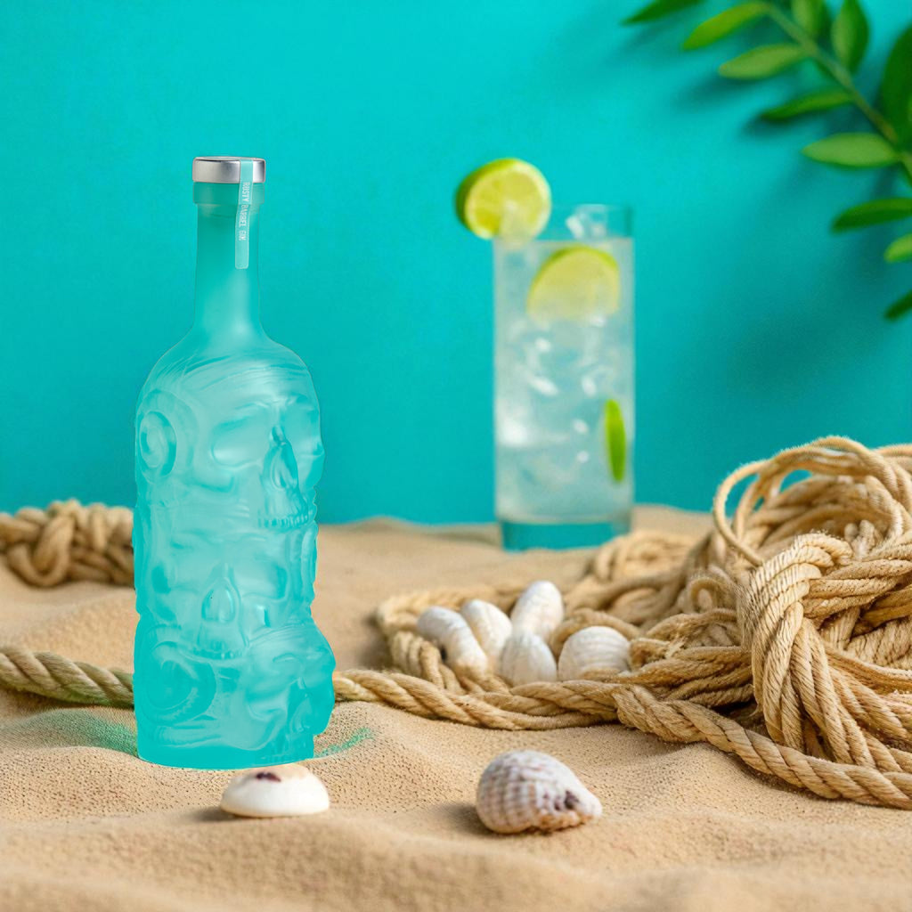 Blue rusty barrel spirits gin bottle and glass with lime slices on sand against a turquoise background