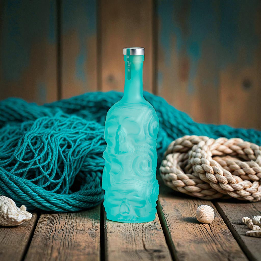 Blue rusty barrel spirits gin bottle with a silver cap on a wooden surface with ropes and shells.