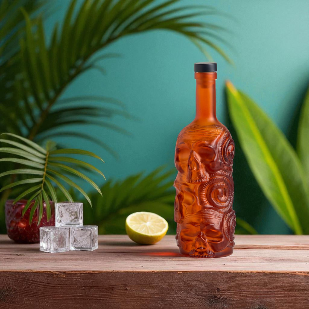 Tiki-style bottle with a lemon and ice cubes on a wooden surface with a green leafy background