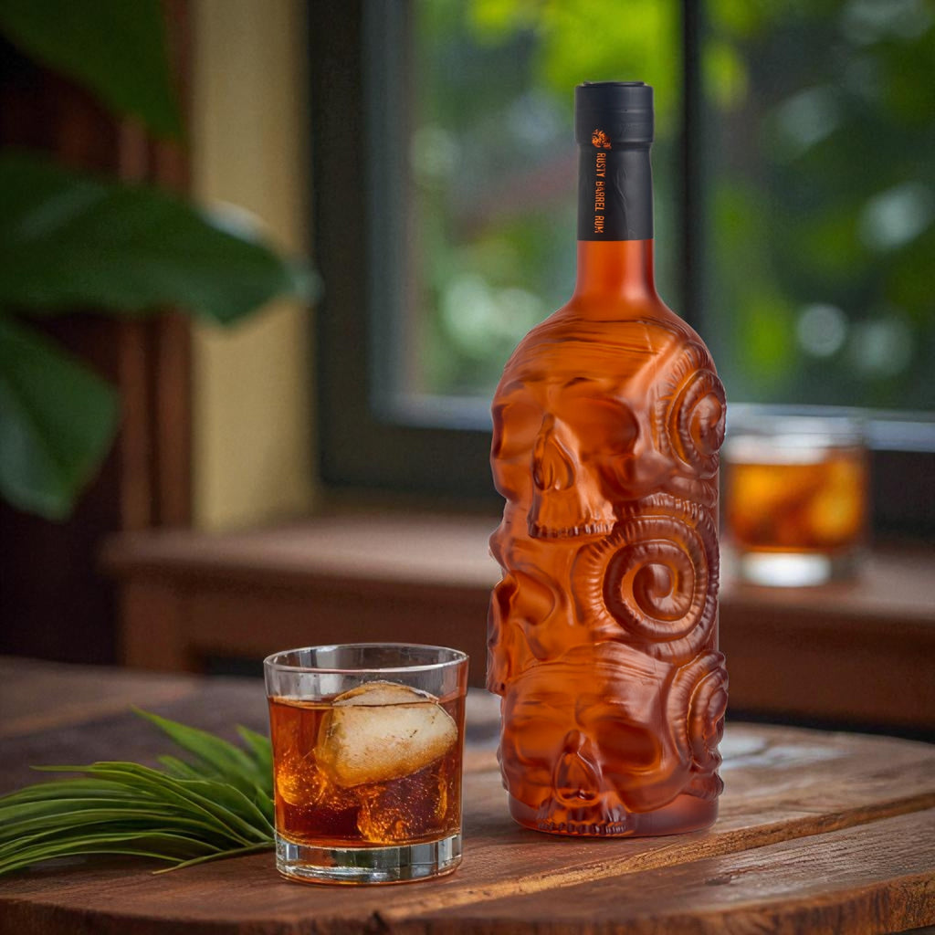 Decorative bottle of alcohol on a wooden surface with a glass of the drink.