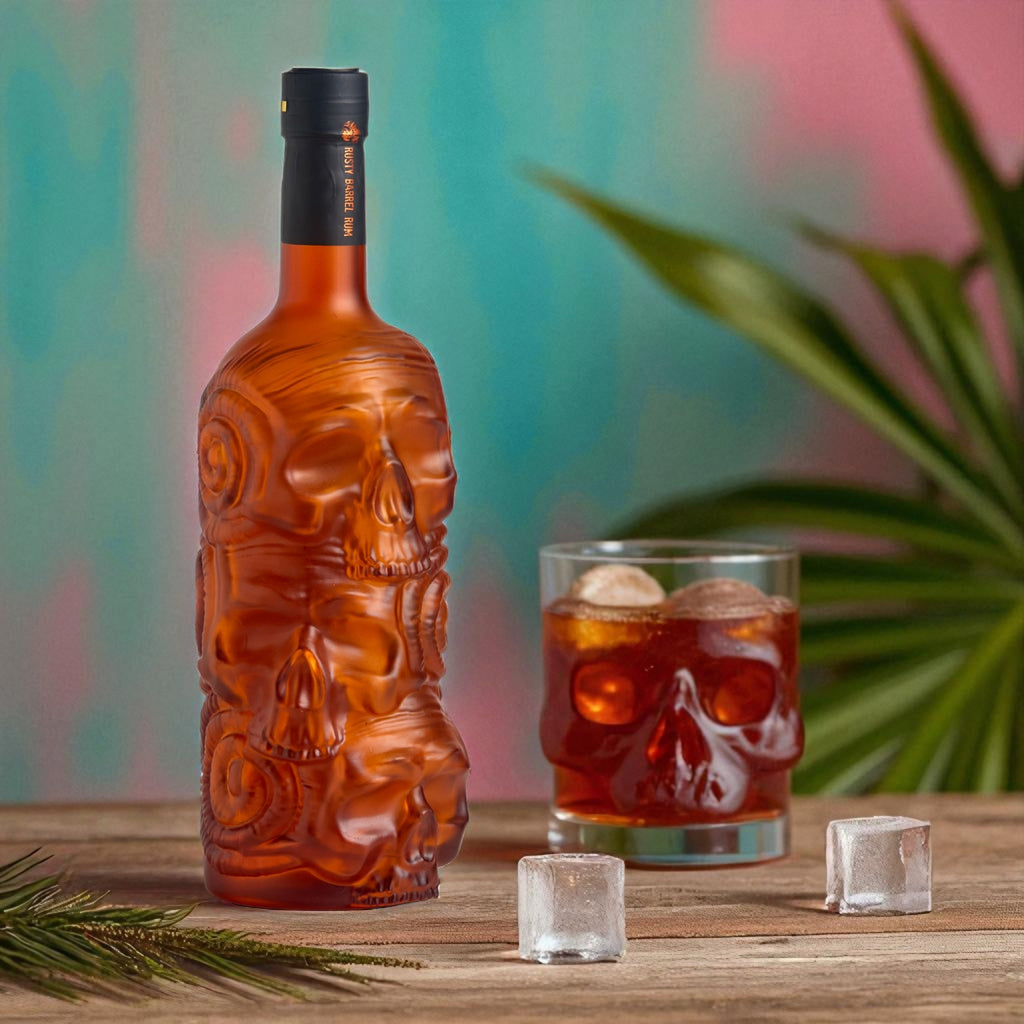 Skull-shaped bottle of alcohol with a glass of cocktail on a wooden surface