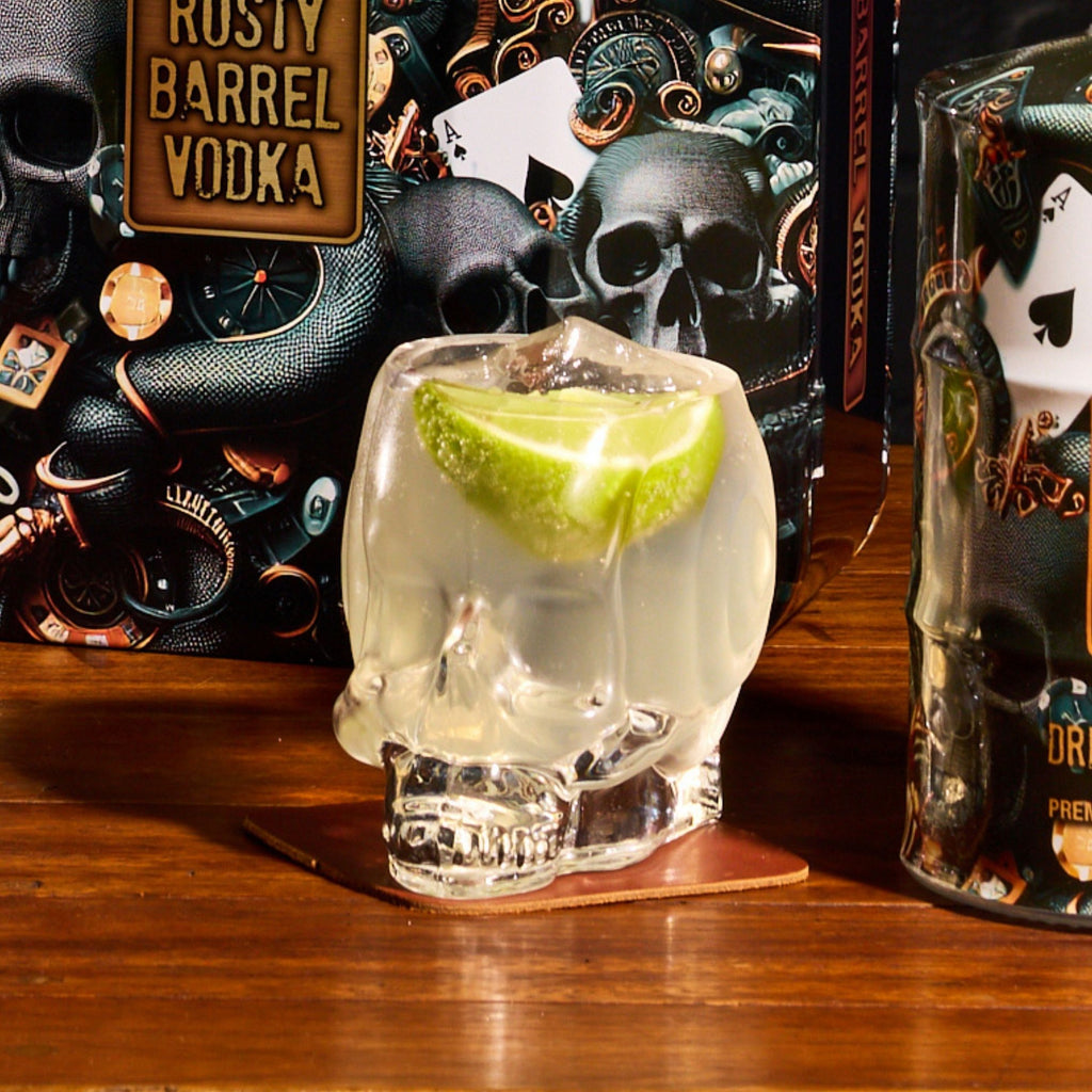 Skull-shaped glass with a lime wedge on a wooden surface, surrounded by decorative bottles.