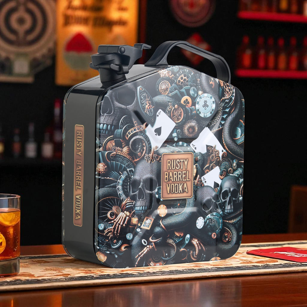 Rusty Barrel Vodka bottle with decorative label on a bar counter