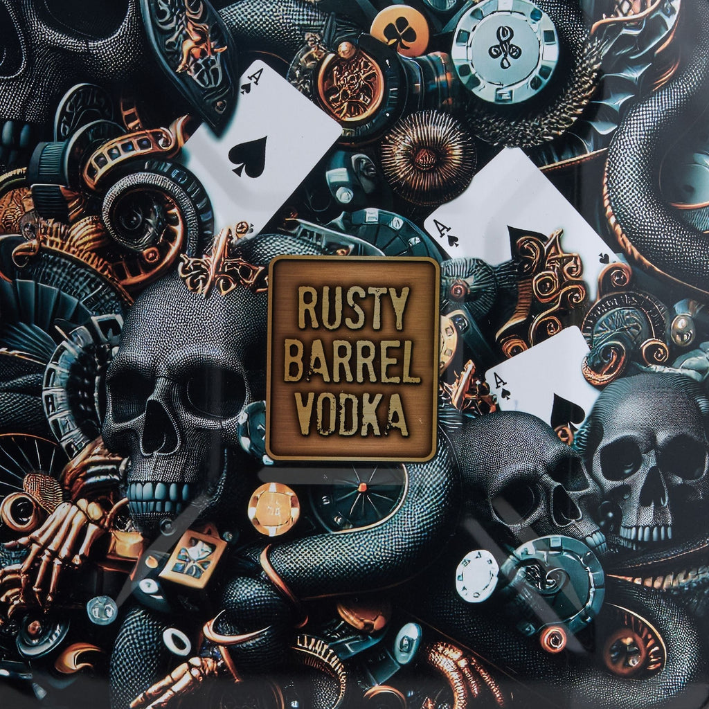 Decorative collage with skulls, playing cards, and 'Rusty Barrel Vodka' logo.