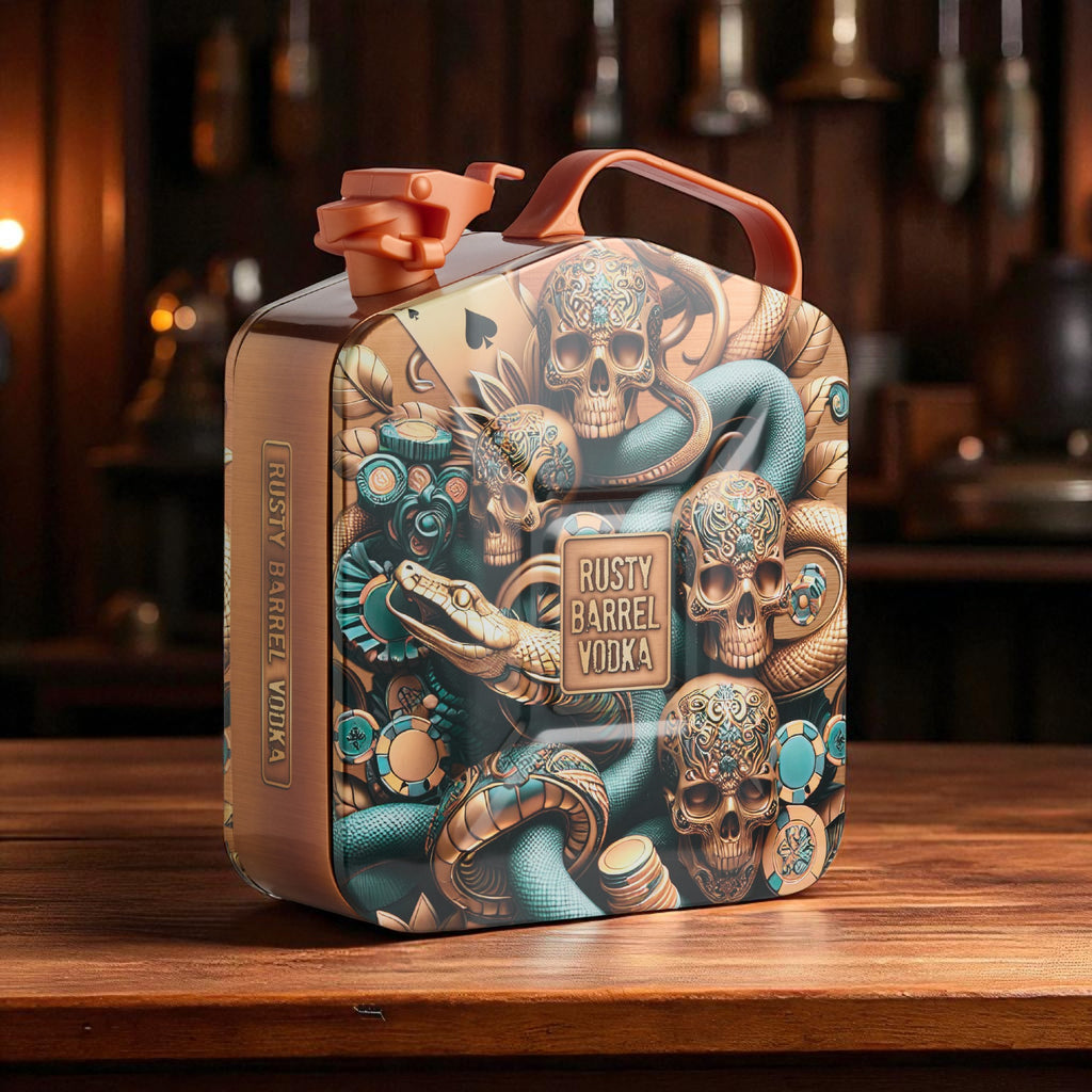 Decorative jerry can with skull and snake design on a wooden surface