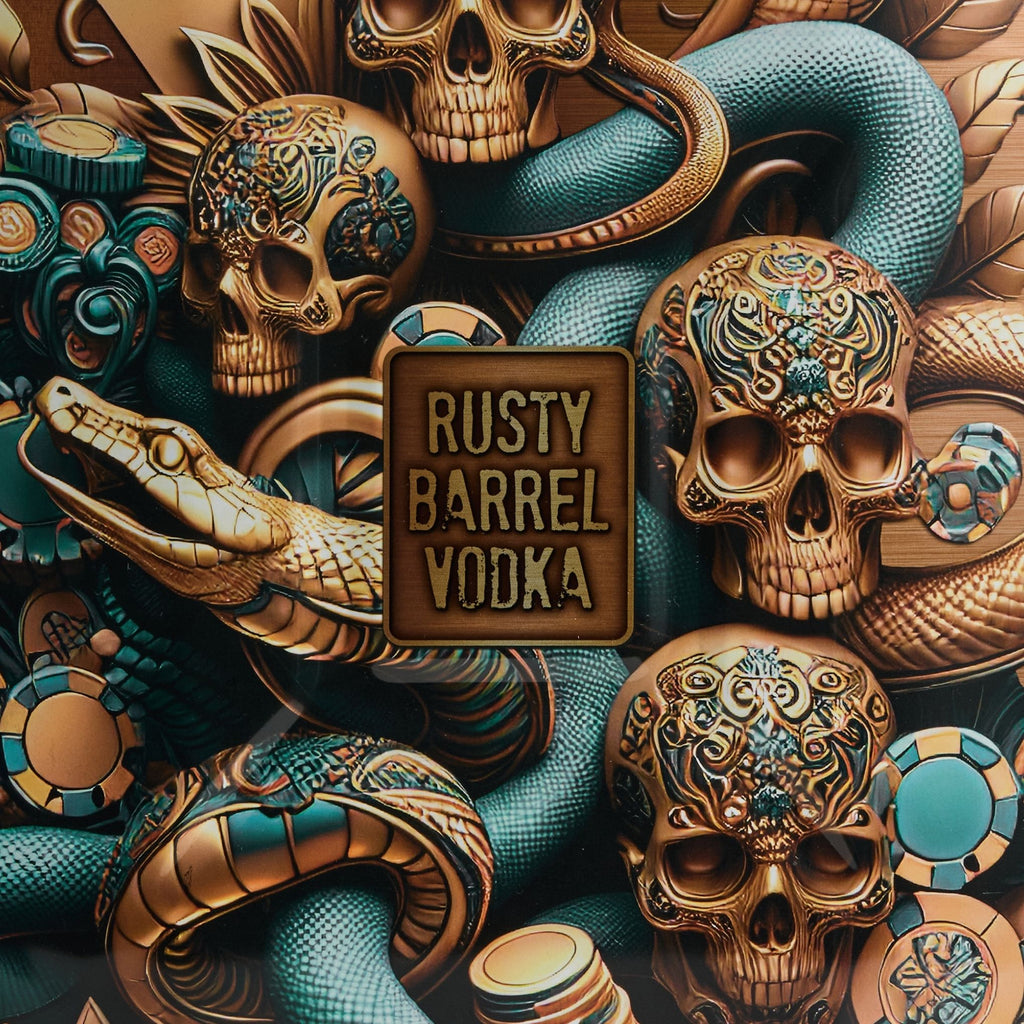 Decorative design with skulls, snakes, and 'Rusty Barrel Vodka' logo.