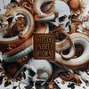 Decorative design with snakes, skulls, and flowers featuring 'Rusty Barrel Vodka' logo.