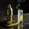 Rusty Barrel Spirits Cocktail shaker and glass with lime and rosemary on a dark surface