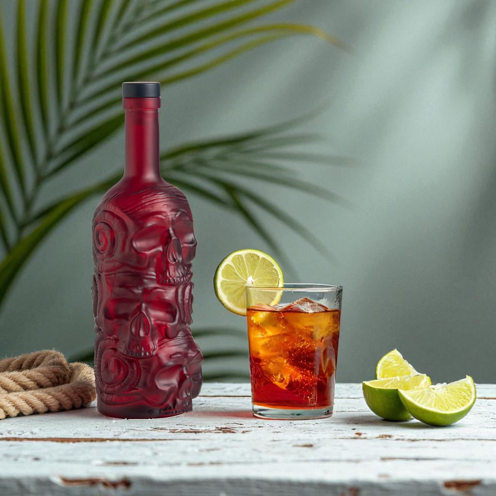 Rusty Barrel skull-shaped spiced rum bottle with a dark & stormy cocktail and lime wedges on a wooden surface.
