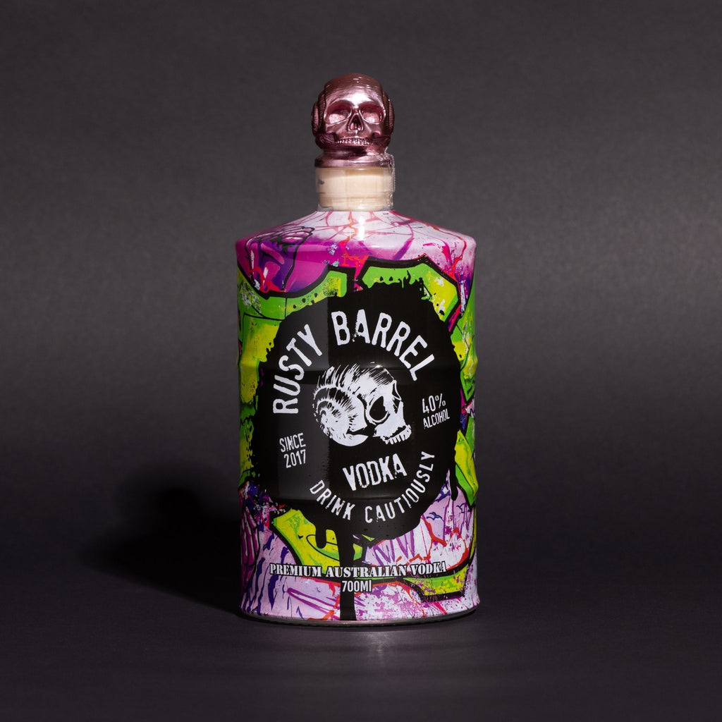 Rusty Barrel Vodka 700ml with a Green Graffiti design