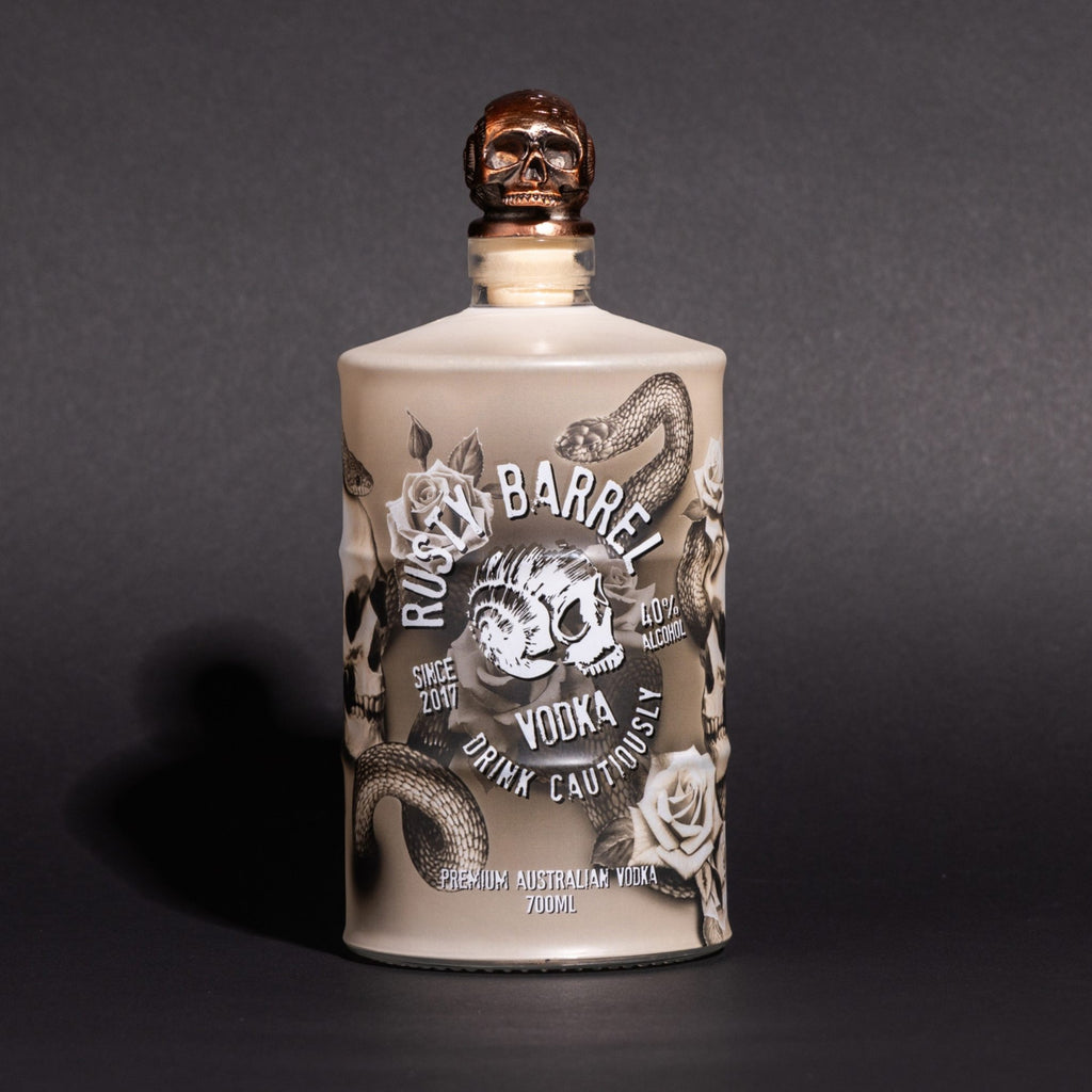Rusty Barrel Vodka 700ml Bondi Ink bottle with skull design on a dark background