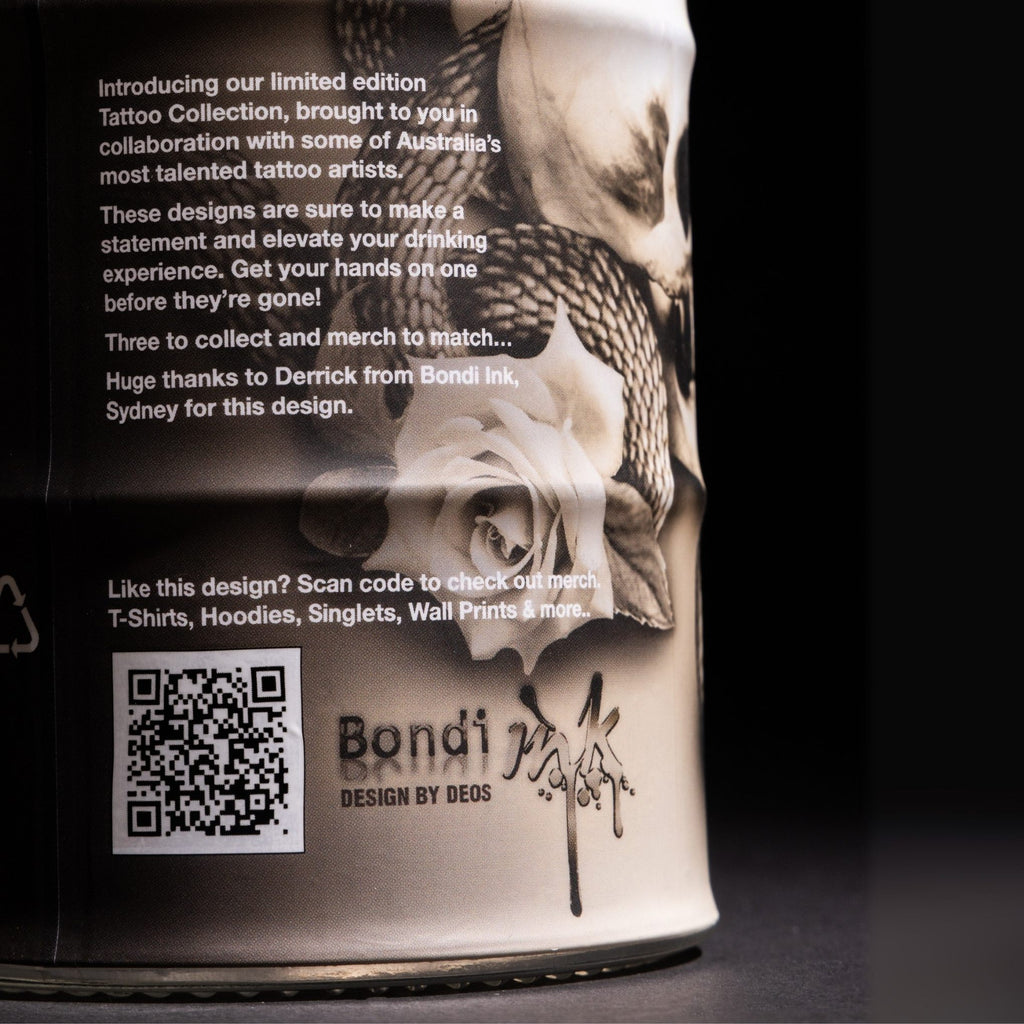 Rusty Barrel Vodka 700m Bondi Ink  tattoo design and branding on a dark background