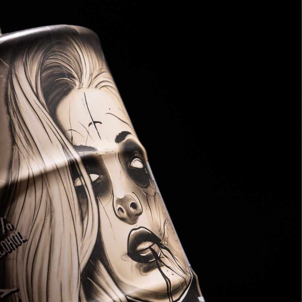 Rusty Barrel 700ml Vodka 700ml Deadmind Tattoo bottle design with Artistic depiction of a stylized face with long hair on a black background