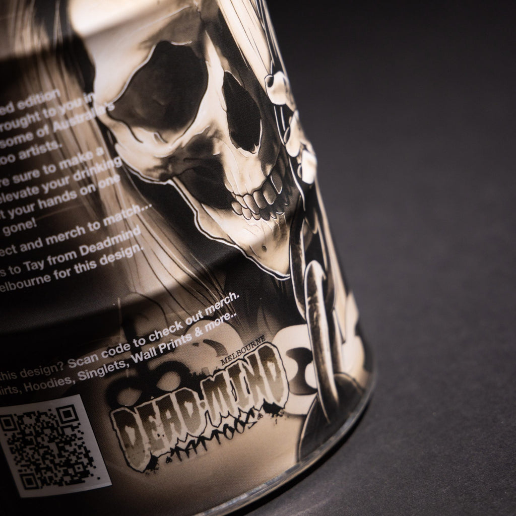 Skull design on a bottle of Rusty Barrel Vodka 700ml with 'Deadmind' tattoo design.