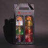 A gift pack containing two stacks of 3 bottles each of Rusty Barrel Flavoured Vodka, with different fruit labels on each bottle, arranged in a black box with a clear viewing window.